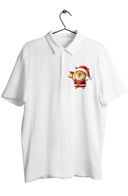 Men's polo with prints Funny capybara with a bell. Animal, bell, capybara, christmas, christmas capybara, gift, holiday, new year, new year`s gift, santa. 2070702