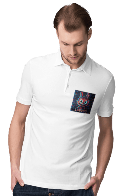 Поло чоловіче з принтом "Лабубу". Crt, rgb, глітч, кіберпанк, лабубу, пікселі, ретро, спотворення, цифрове мистецтво, шум. 2070702