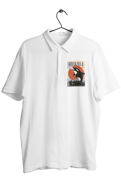 Men's polo with prints Orcazilla. Cartoon style design, graphic, japan print, japanese, japanese art, japanese poster, japanese poster orca, ocean wildlife, orca, orcazilla. 2070702