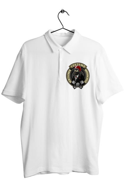 Men`s polo with prints Gentlemen motorcycle. Gentleman, helmet, motorcycle, skull. 2070702