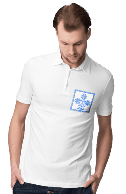 Men`s polo with prints Yellow blue embroidery flowers. Cross stitch, embroidery, flowers, symbol of ukraine, traditions of ukraine, ukraine. 2070702