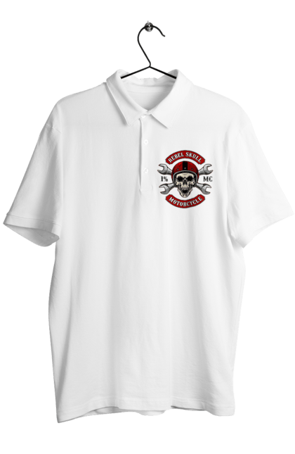 Men`s polo with prints skull motorist. Amateur, helmet, motorcycle, skull. 2070702