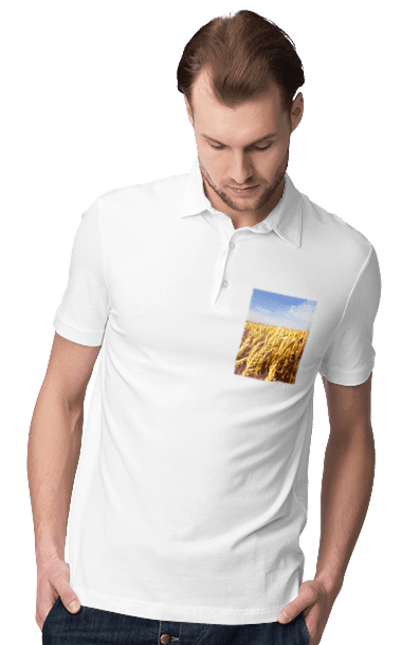 Men`s polo with prints Ukraine. Beauty, blue, field, nature, sky, wheat. 2070702