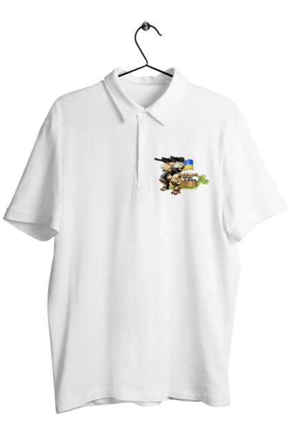 Men`s polo with prints Ukraine welcomes you. Combat vehicle, crocodile, flag, machine guns, robot, symbolics, ukraine. 2070702