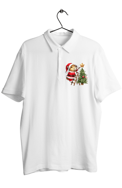 Men's polo with prints Christmas Capybara with a Tree. Animal, capybara, christmas, christmas capybara, christmas tree, gift, holiday, new year, new year`s gift, santa. 2070702