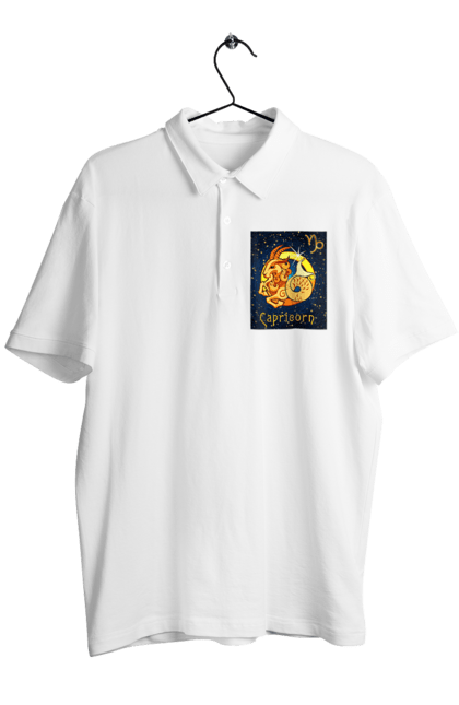 Поло чоловіче з принтом "Знак Зодіаку Козеріг". Астрологія, астрономія, доля, знак зодіаку, знаки зодіаку, зодіак, козерог, космос, передбачення, символ, цикл. ART принт на футболках
