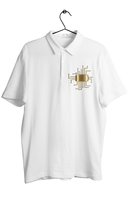 Men`s polo with prints Golden Chip. Chip, code, comp, computer, crystal, cybernetics, developer, engineer, geek, gold, golden, it, it specialist, profession, programmer. 2070702