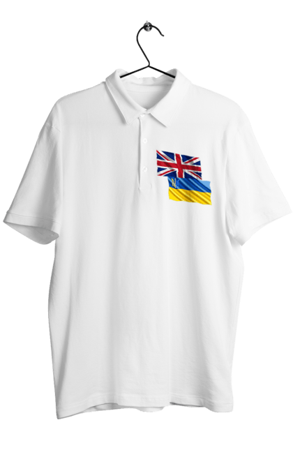 Поло чоловіче з принтом "Прапор Великої Британії, прапор України, Підтримка України". Британія, велика британія, війна, киев, мир, національні кольори, прапор, прапор британії, прапор великої британії. 2070702