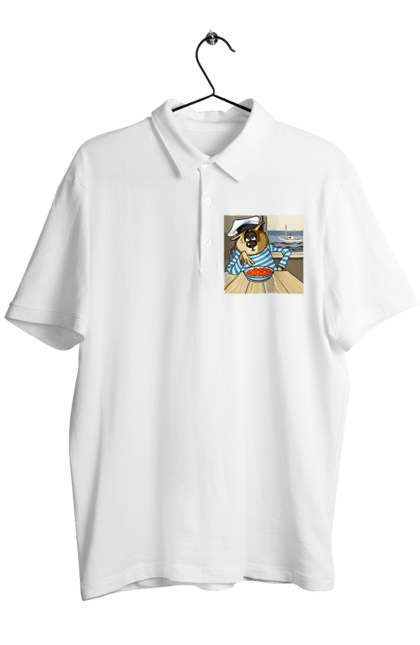 Men`s polo with prints Cat Sailor, On The Ship Eats Red Caviar. Cat, caviar, sailor, ship. 2070702