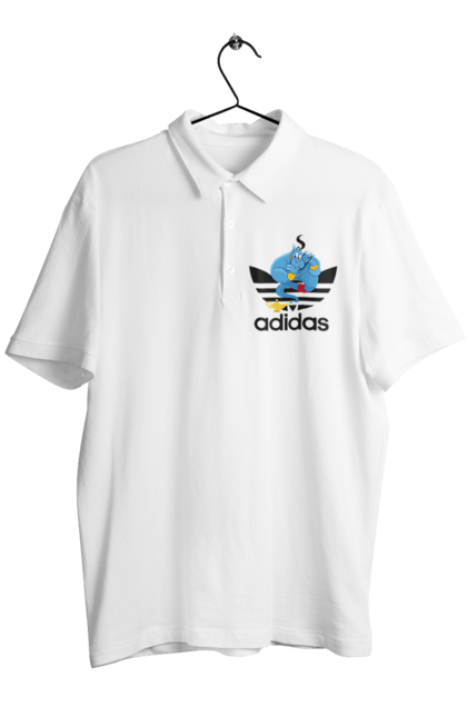 Поло мужское с принтом Adidas Джинни. Adidas, aladdin, genie, адидас, аладдин, джинни, мультфильм, персонаж. 2070702