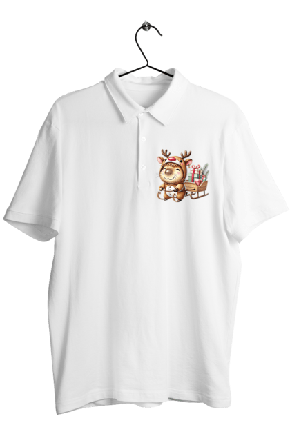 Men's polo with prints Christmas Capybara with a Gift. Animal, capybara, christmas, christmas capybara, gift, holiday, new year, new year`s gift, santa. 2070702