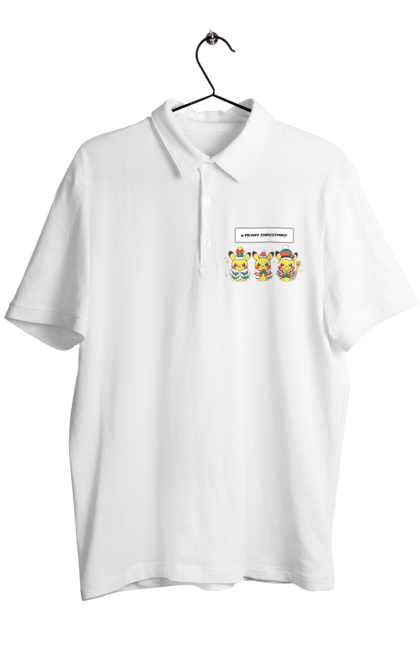 Men`s polo with prints Pikachu Merry Christmas. Anime, christmas, game, manga, merry christmas, nintendo, pikachu, pokemon. 2070702