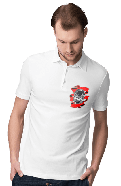 Men`s polo with prints Skull in a motorcycle helmet. Helmet, moto, skull, tape. 2070702