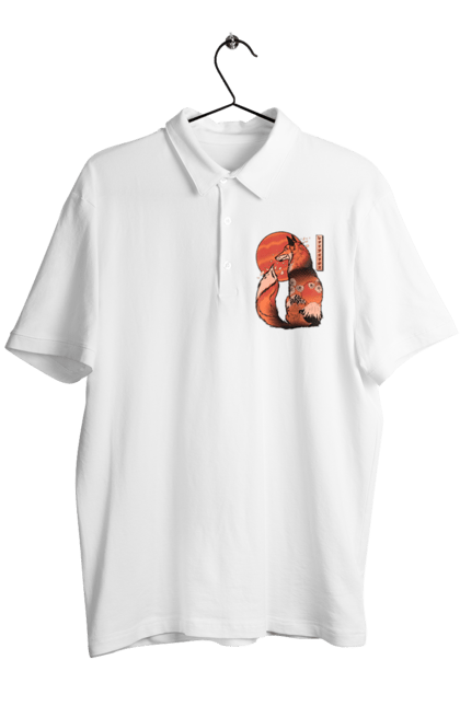 Men's polo with prints Kitsune. Animal, cherry blossoms, flowers, fox, great wave, japan, japanese, kitsune, mount fuji, red fox. 2070702