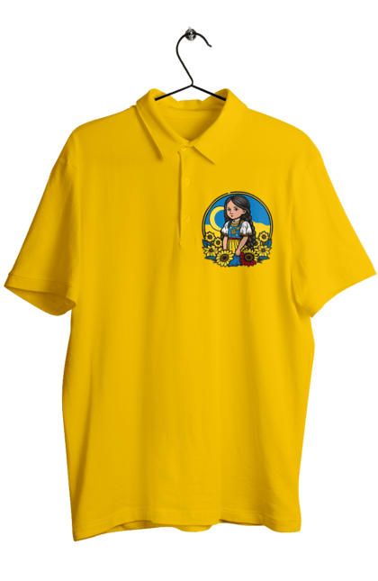 Men`s polo with prints Cute Ukrainian girl. Blue, flag of ukraine, made in ukraine, patriots of ukraine, support ukraine, ukraine, ukrainian, ukrainian girl, yellow, yellow-blue. 2070702