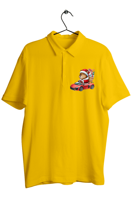 Men's polo with prints Christmas Capybara with a Gift. Animal, capybara, car, christmas, christmas capybara, gift, holiday, new year, new year`s gift, santa. 2070702