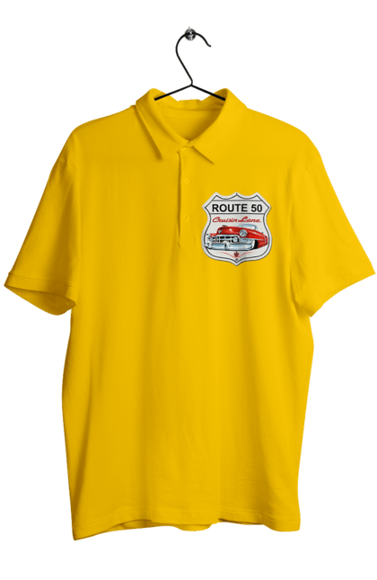 Men`s polo with prints Route 50. Bike, biker, biker club, bikers club, brother, brutal, dude, hot asphalt, hot horse, hot rod, motorcycle, motorcyclist, real man, road 50, road 66, road 80, roads of america, roads of ukraine, roads we choose, speed, take, thirst for speed. 2070702