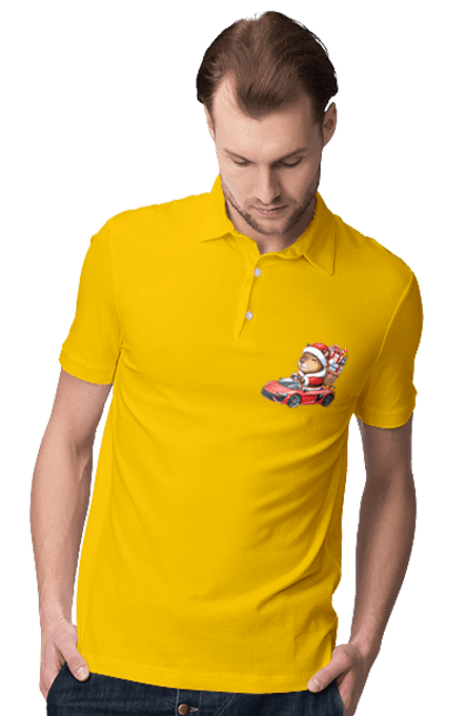 Men's polo with prints Christmas Capybara with a Gift. Animal, capybara, car, christmas, christmas capybara, gift, holiday, new year, new year`s gift, santa. 2070702