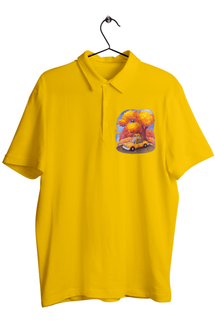Men`s polo with prints Autumn Car Tree. Autumn, machine, orange, tree, yellow cute illustration. 2070702