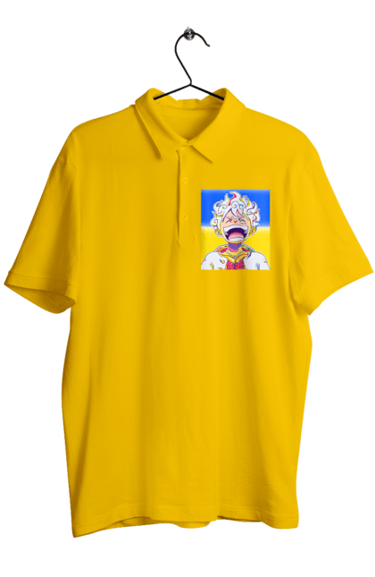 Men`s polo with prints Monkey D Luffy laughing on a yellow blue background. Flag of ukraine, luffy, monkey d luffy, one piece, symbol of ukraine, ukraine. 2070702