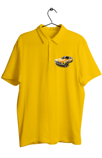 Men`s polo with prints Ford mustang. An american legend, cult car, ford mustang, mustang, powerful car, shelby, yellow mustang. 2070702