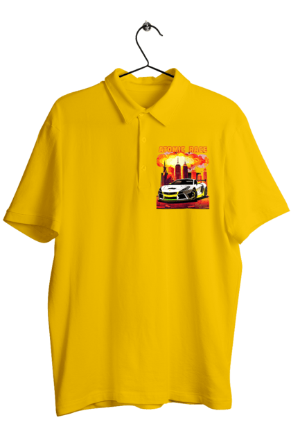 Поло чоловіче з принтом "Атомна гонка". Авто, автомобіль, атомні перегони, гонки, гоночні машини, спортивна машина, спорткар. 2070702