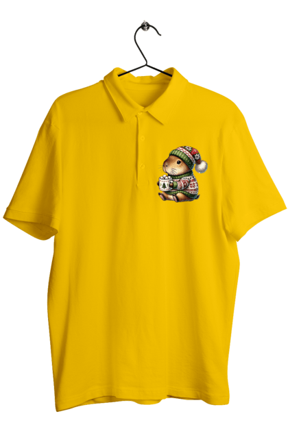 Men's polo with prints Capybara with hot chocolate. Animal, capybara, christmas, christmas capybara, gift, holiday, hot chocolate, new year, santa. 2070702