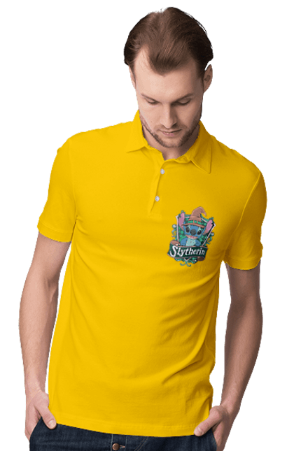 Men's polo with prints Stich Slytherin. Faculty, franchise, harry potter, hogwarts, slytherin, stich. 2070702