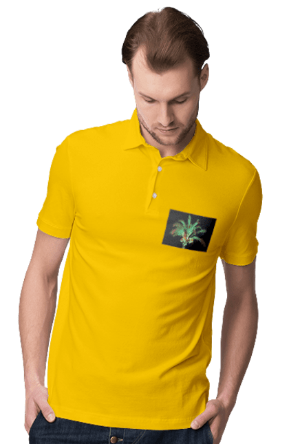 Men`s polo with prints Date Palm At Night. Adventure, black, coast, date, green, island, night, oasis, ocean, palm, recreation, sea, sky, south, travel, tropics, vacation. 2070702