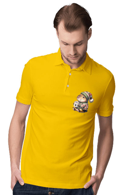 Men's polo with prints Capybara with hot chocolate. Animal, capybara, christmas, christmas capybara, gift, holiday, hot chocolate, new year, santa. 2070702