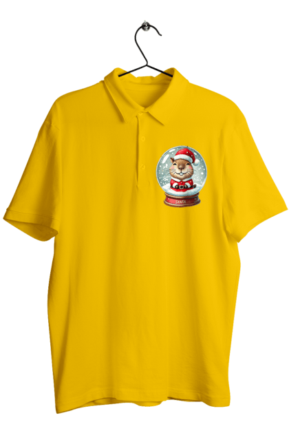 Men's polo with prints Capybara in a snow globe. Animal, capybara, christmas, christmas capybara, gift, holiday, new year, new year`s gift, santa, snow globe. 2070702