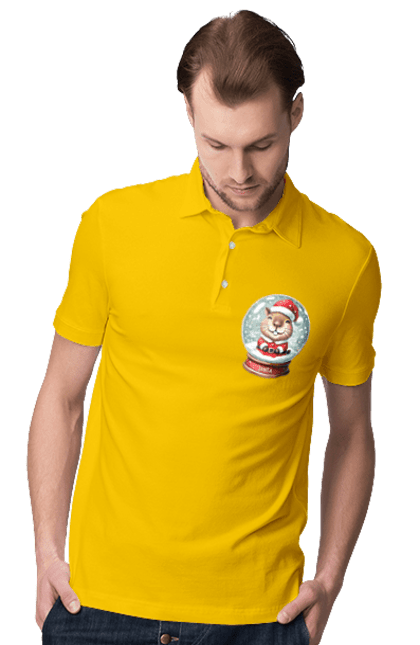 Men's polo with prints Capybara in a snow globe. Animal, capybara, christmas, christmas capybara, gift, holiday, new year, new year`s gift, santa, snow globe. 2070702