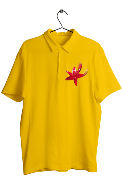 Men`s polo with prints Red lily. Bright, bud, buds, color, flower, lily, nature, red, red flower, red lily, sunny. 2070702