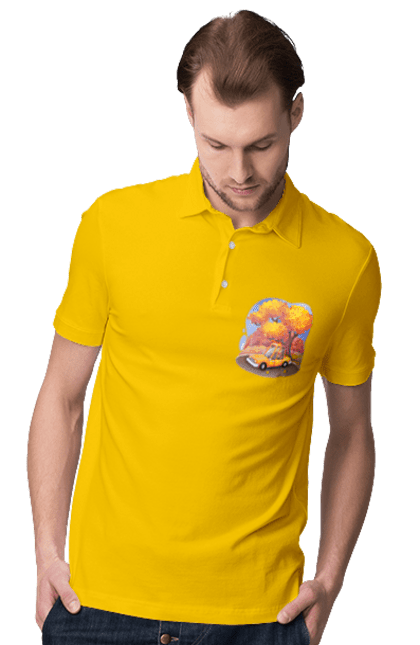 Men`s polo with prints Autumn Car Tree. Autumn, machine, orange, tree, yellow cute illustration. 2070702