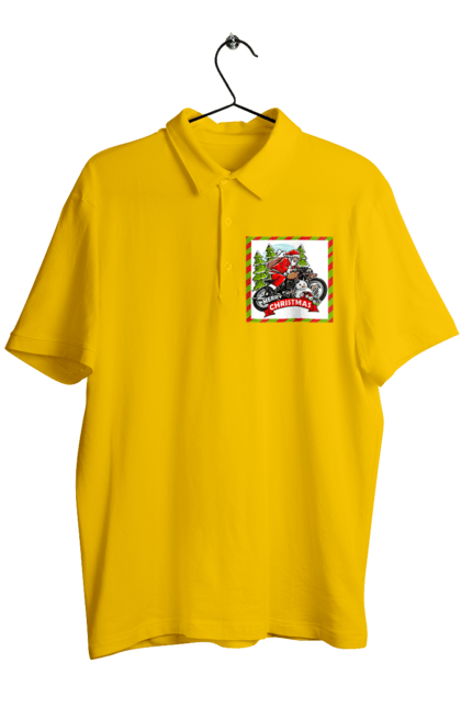 Men`s polo with prints Santa on a motorcycle. Christmas, motorcycle, new year, presents, santa, snowman, tree. 2070702