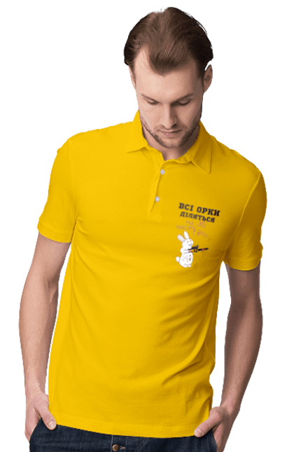 Поло чоловіче з принтом "Всі орки діляться на дві частини". Все орки, всі орки, делятся, діляться, зсу, кролик, кролик с бензопилой, на две части, на дві частини, приколи. 2070702