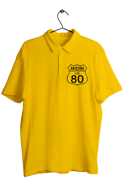 Men`s polo with prints Route 80. Bike, biker, biker club, bikers club, brother, brutal, dude, hot asphalt, hot horse, hot rod, motorcycle, motorcyclist, real man, road 50, road 66, road 80, roads of america, roads of ukraine, roads we choose, speed, take, thirst for speed. 2070702