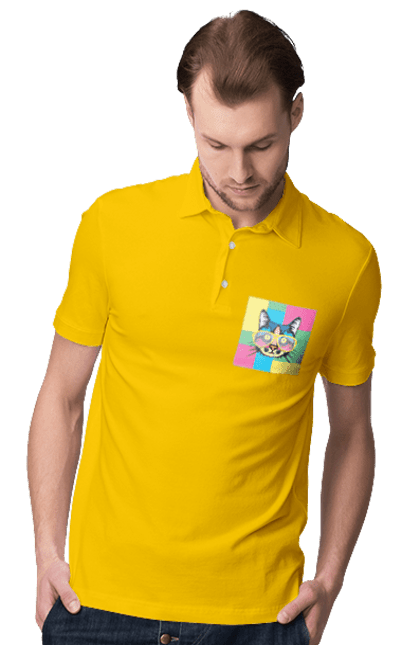 Men's polo with prints Cat with glasses. Animal, art, bright, cat, cat, glasses, mustache, picture, wool. 2070702