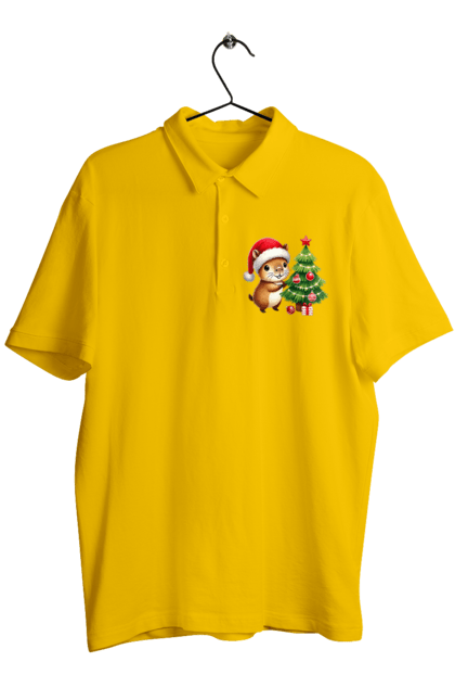 Men's polo with prints Christmas Capybara with a Tree. Animal, capybara, christmas, christmas capybara, christmas tree, gift, holiday, new year, new year`s gift, santa. 2070702