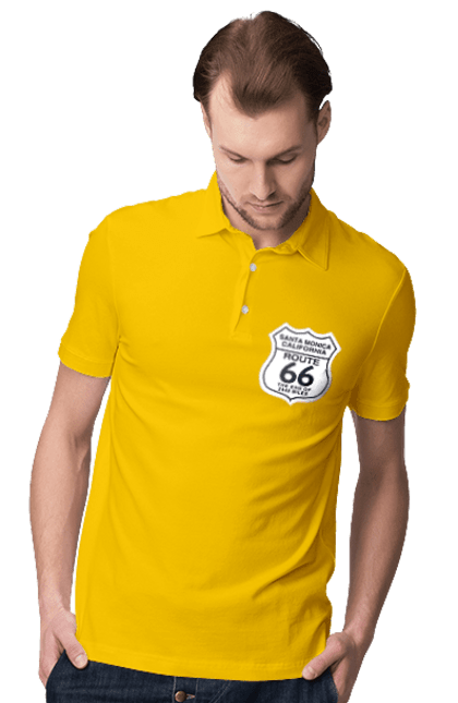 Men`s polo with prints Route 66. Bike, biker, biker club, bikers club, brother, brutal, dude, hot asphalt, hot horse, hot rod, motorcycle, motorcyclist, real man, road 50, road 66, road 80, roads of america, roads of ukraine, roads we choose, speed, take, thirst for speed. 2070702