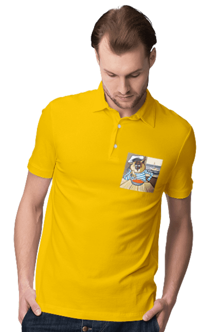 Men`s polo with prints Cat Sailor, On The Ship Eats Red Caviar. Cat, caviar, sailor, ship. 2070702