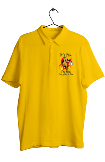 Men's polo with prints Everything Is Fine. Cute, dog, everything is fine, funny, happy, humor, humorous, mental health, okay, sarcasm. 2070702