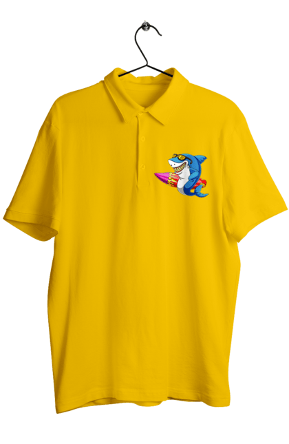 Поло чоловіче з принтом "Акула В Окулярах З Серфінгом". Акула, літо, окуляри, серфінг. 2070702