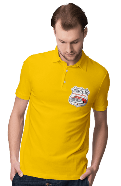 Men`s polo with prints Route 50. Bike, biker, biker club, bikers club, brother, brutal, dude, hot asphalt, hot horse, hot rod, motorcycle, motorcyclist, real man, road 50, road 66, road 80, roads of america, roads of ukraine, roads we choose, speed, take, thirst for speed. 2070702