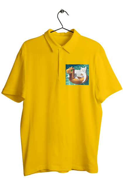 Поло чоловіче з принтом "Білий кіт у плавальному колі, на відпочинку". Басейн, відпочинок, кіт, коктейль, море, плавальний круг. 2070702