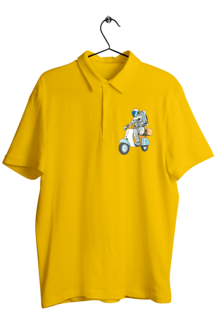 Men`s polo with prints Astronaut on a motorcycle. Cosmonaut, motorcycle, space. 2070702