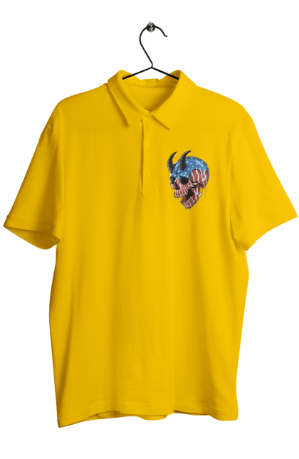 Men's polo with prints Skull with horns. America, bones, dye, flag, horns, scull, states, teeth, usa. 2070702