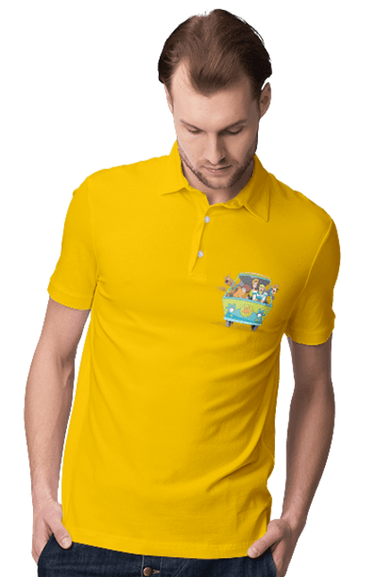 Men`s polo with prints Scooby Doo Machine. Car, cartoon, dog, scooby doo. 2070702