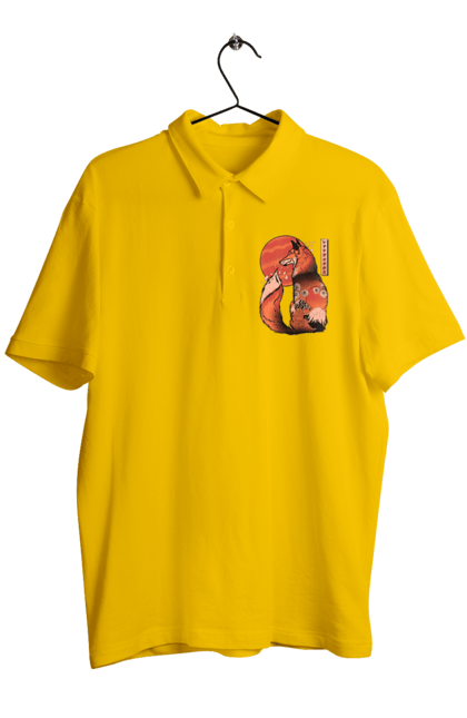 Men's polo with prints Kitsune. Animal, cherry blossoms, flowers, fox, great wave, japan, japanese, kitsune, mount fuji, red fox. 2070702