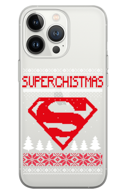 Чохол для телефону з принтом "Новий рік Супермен". Новий рік, різдво, светр з оленями, сніг, супермен, ялинка. CustomPrint.market